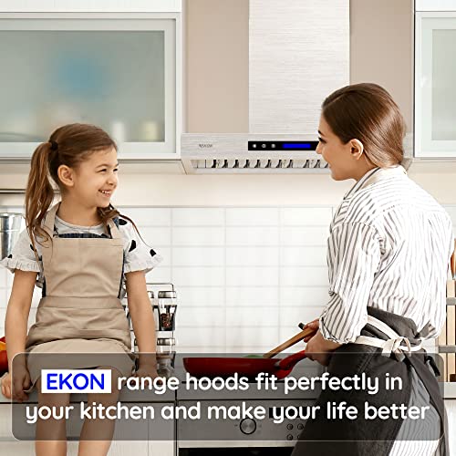 EKON Wall Mount Range Hood 30", 900 CFM Range Hood Stainless Steel Kitchen Hood Vent With 4 Speeds Touch Panel Control LCD Display and Remote / 2 Pcs 3W Led Lights / 2 Pcs Baffle Filters