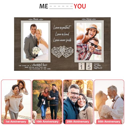 Then and Now Anniversary Picture Frame, 1-99 Years Wedding Gift Ideas, Engagement Bridal Shower Gifts, 25th Anniversary Wood Double Photo Frame for Couple, 4x6 Inches Photos