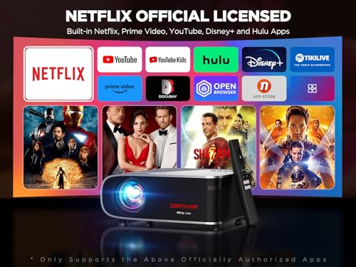 [Netflix Officially/Auto Focus] Smart Projector with 5G WiFi and Bluetooth, DBPOWER Native 1080p Projector Built-in Netflix, Youtube, Hulu, Disney+, Peacock Apps, 500ANSI Movie Projector Dolby