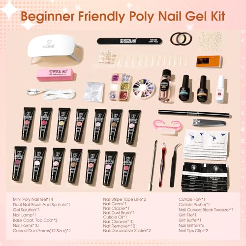 ROSALIND Poly Nail Gel Kit -14 Colors +72 Nail Art Accessories kit Clear Nude Poly Nails Gel Kit Starter Kit With Slip Solution Pro Nude Pink Nail Extensions Gel Set with Mini UV Lamp