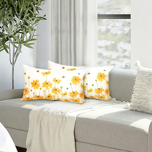 HOMFREEST Spring Summer Pillow Covers 12x20 Set of 2 Farmhouse Daisy Floral Bee Decorations Yellow Patio Outdoor Cushion Case for Sofa Couch Home Decor