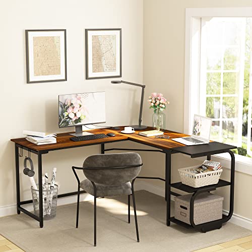 Merronix L Shaped Desk with Storage Shelves, Reversible Corner Computer Desk for Home Office, Modern Gaming L Desk with Spacious Desktop, Teak