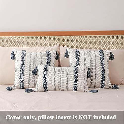Zufudo Throw Pillow Covers with Tassels Set of 2 Cotton Boho Tufted Modern Farmhouse Decorative Lumbar Pillow Covers for Couch, 12×20 Inch Blue