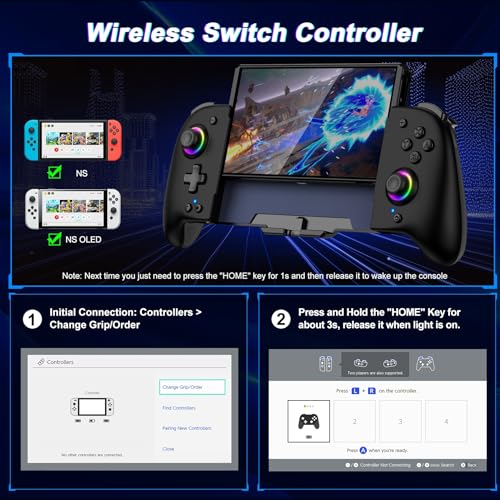 Gammeefy Joypad Controller for Nintendo Switch/OLED, One-Piece Ergonomic Switch Controller With 9 Lights Color, Wireless Switch Remote for Those Who Prefer Handheld Mode