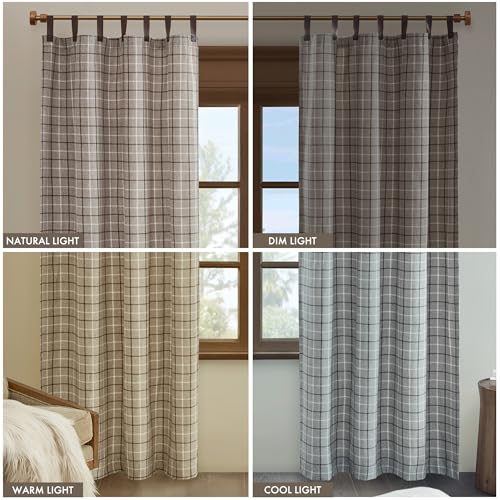 Madison Park Anaheim Cabin Plaid Curtain Window, Thermal Insulated Fleece Lining, Living Room Decor Light Blocking Drape for Bedroom, 1-Single Panel Pack, 50" x 84", Faux Leather Tab, Brown
