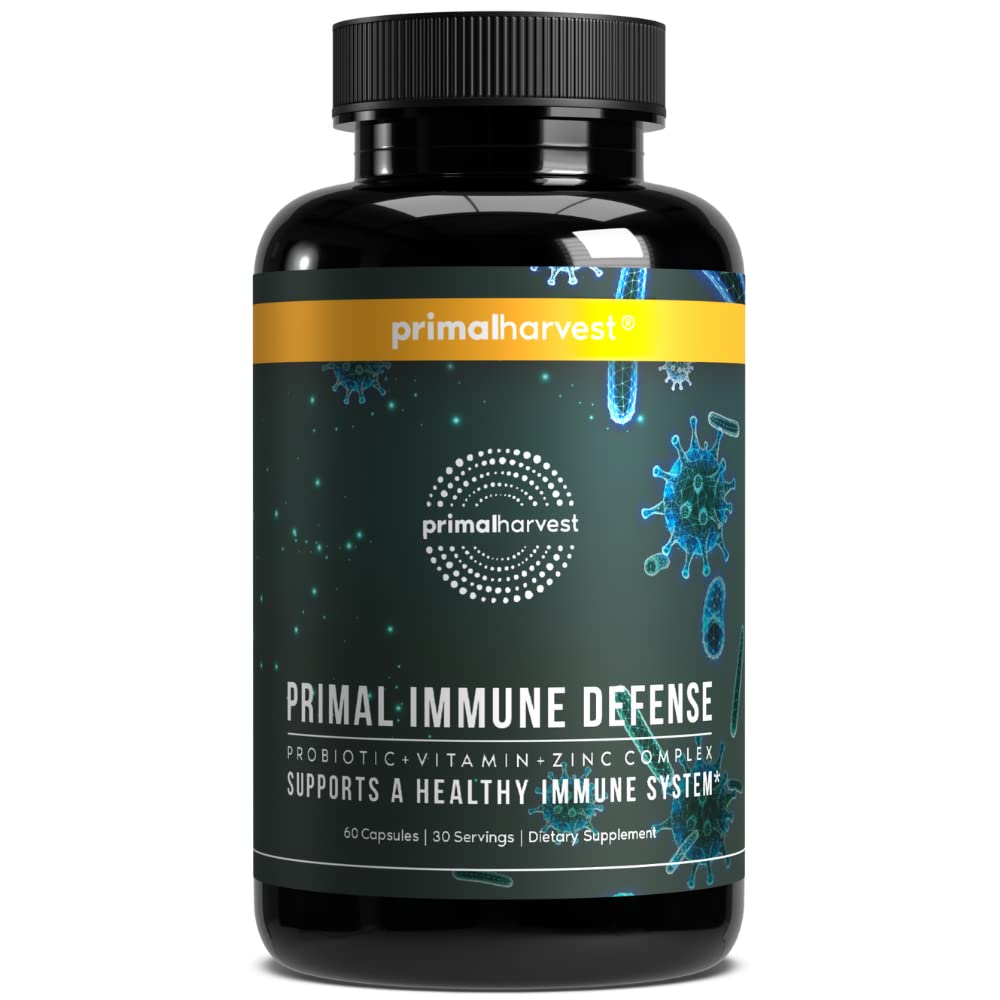 Primal Harvest Primal Immune Defense 10-in-1 Immune Defense Supplement: with 7 Billion CFU Probiotics, Zinc, Vitamins C, B6, D3, K2 - Immune Boosters for Adults 60 Capsules (1 Pack)