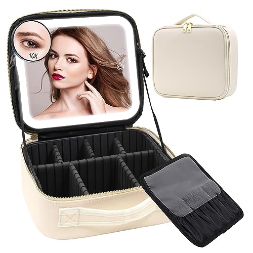 Travel Makeup Bag with Large Magnetic Removable Lighted Mirror, Cosmetic Organizer Bag with 3-Color Modes Adjustable Brightness 360° Angle Mirror Makeup Case with Mirror and Lights, Makeup Train Case