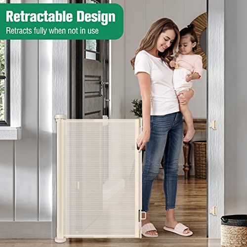 75 Inch Wide Retractable Baby Gate Retractable Dog Gate Indoor/Outdoor Retractable Gate, Long Baby Gate Wide Dog Gates for The House, Mesh Baby Gate Retractable Child Gates for Doorways/Stairs, Beige