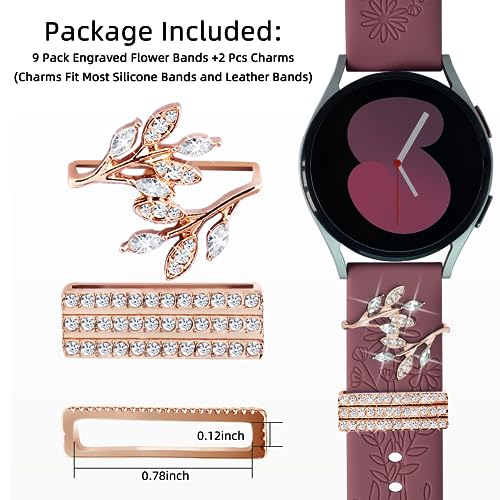ORATYFAN Bands for Samsung Galaxy Watch 7/6/5/4 Band 40mm 44mm with Charms, 20mm Women Flower Engraved Silicone Replacement Strap for Galaxy Watch 5 Pro/Galaxy Watch 3/Galaxy Active 2/Watch 4 Classic