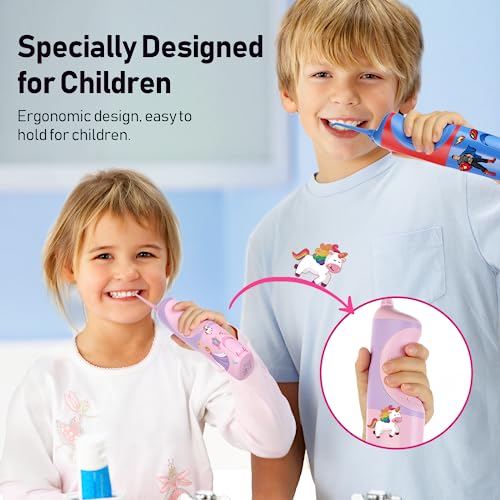 COSLUS Kids Water Dental Flosser Deep Cleaning Picks, Portable, 4 Modes for Ages 6+ Safe Waterproof Flosser Rechargeable with 4 Jet Tips for Gums Care F5023 Pink Purple