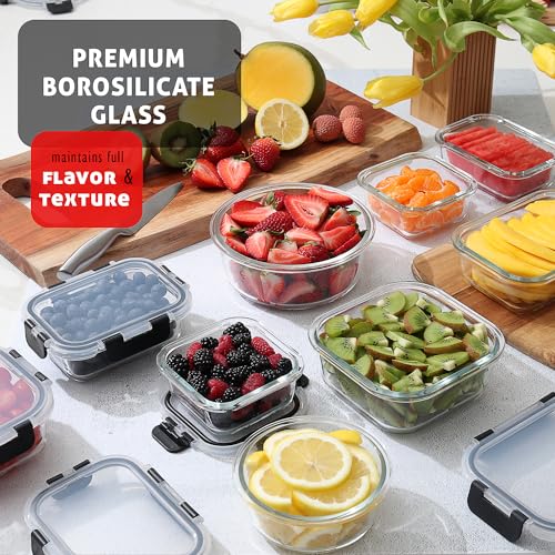 EATEX 12-Pack Glass Food Storage Containers with Lids, Airtight Glass Meal Prep Containers, Reusable Glass Food Containers with Leakproof Snap Lock Lids, Oven Microwave Freezer Safe Lunch Containers