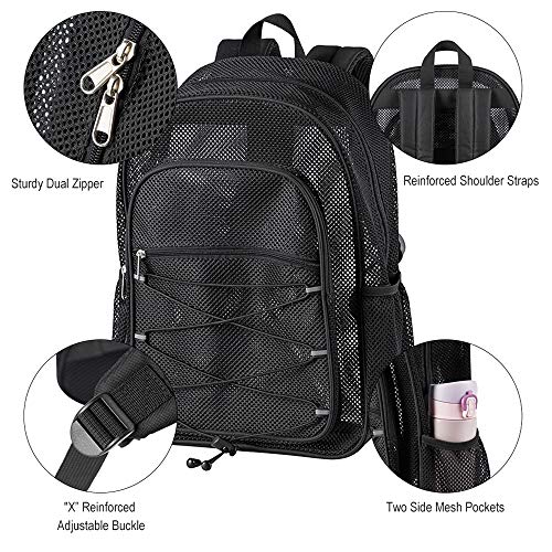 COVAX Heavy Duty Mesh Backpack, See Through College Mesh Backpack, Semi-transparent Bookbag with Bungee and Comfort Padded Straps for Commuting, Swimming, Beach, Outdoor Sports