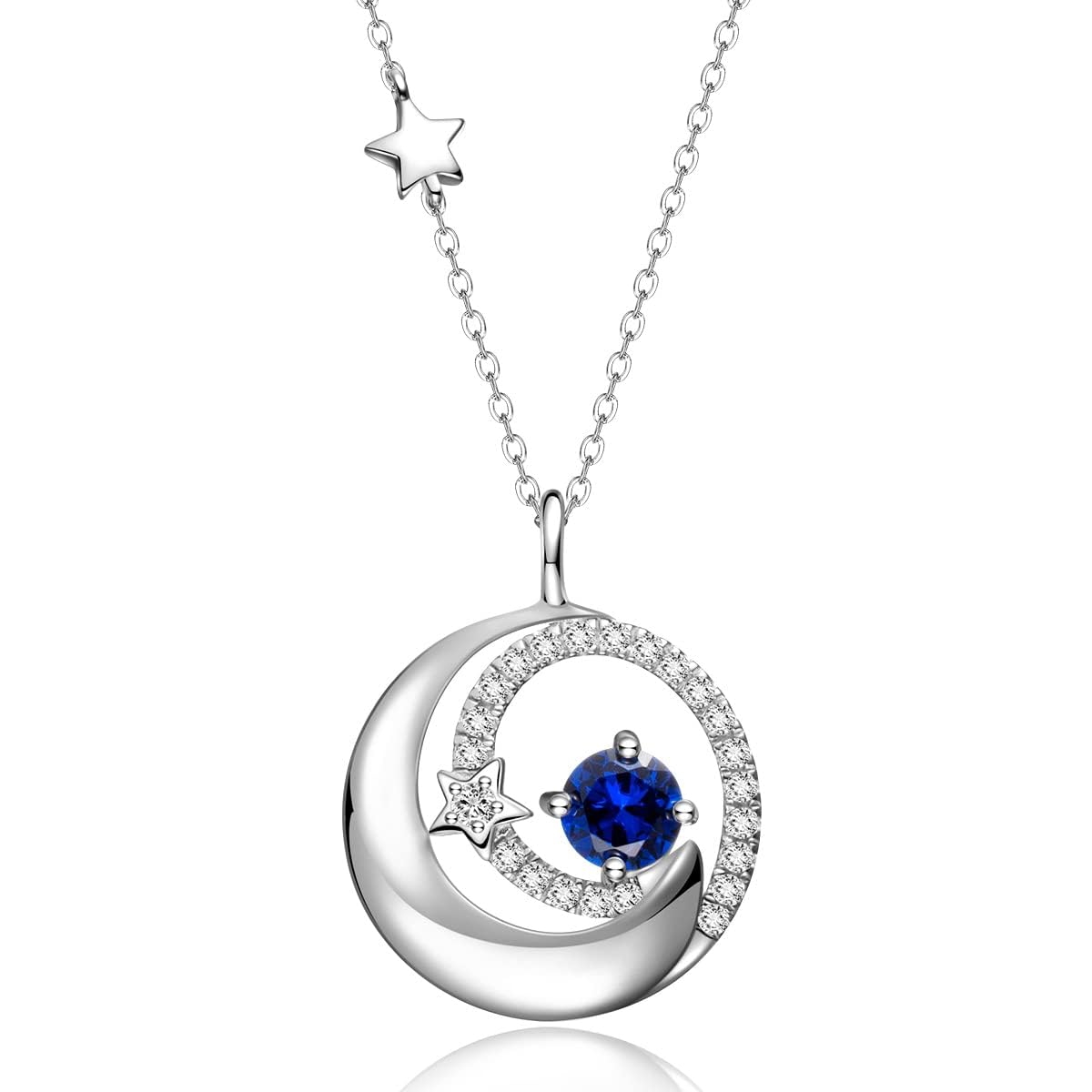 FANCIME Moon Star Necklaces September Birthstone Blue Sapphire Pendant Jewelry 925 Sterling Silver Birthday Anniversary Christmas Gifts for Women Mom Daughter, Adjustable Chain 16"+2"