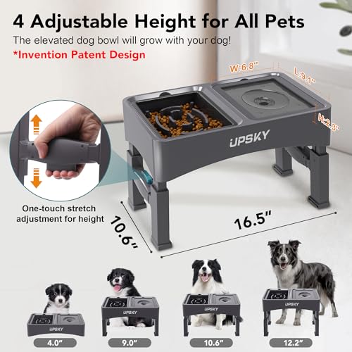 UPSKY 2-in-1 Elevated Dog Bowls Slow Feeder, 4 Height Adjustable Raised Dog Bowl Stand No Spill Dog Water Bowl Dispenser, Anti-Slip Dog Food and Water Bowl for Small Medium Dogs