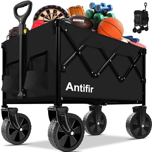 Collapsible Folding Wagon Cart, Portable Garden Wagon Cart All Terrain with Large Capacity, Heavy Duty Foldable Utility Wagon Cart for Groceries, Sports, Shopping, Camping Outdoor, Black