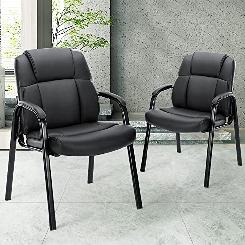 DUMOS Leather Waiting Room Chairs with Padded Arms - Executive Office Reception Guest Chair No Wheels for Conference Room Lobby Side, Black