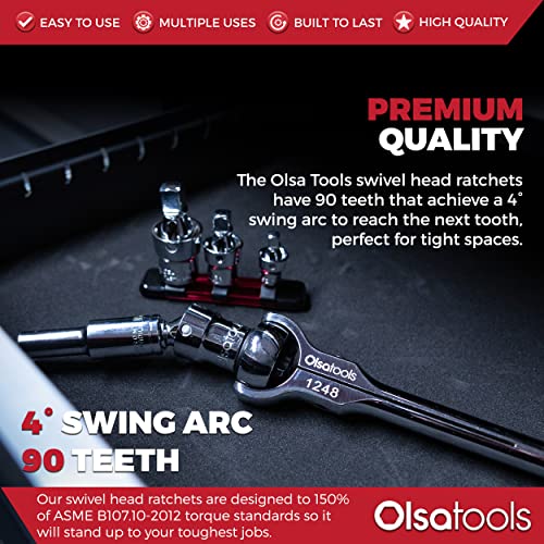 Olsa Tools Swivel Head Ratchet - 1/2-Inch Drive with 90-Tooth Round Head - Roto-Style Socket Wrench for Mechanics - Premium Quality Swiveling Handle - Part 1248