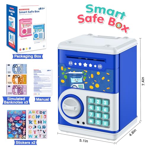 Dark Blue Piggy Bank for Kids with Password Code Lock and Auto Grab Bill Slot, PhilaeEC Real Money Cash Coin Can Saving Box Electronic Money Safe Bank, Hot Gift for 4 7 8 9 10 11 Year Old Boys Girls
