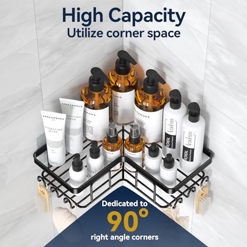 YASONIC Corner Adhesive Shower Caddy, with Soap Holder and 12 Hooks, Rustproof Stainless Steel Bathroom Organizer, No Drilling Wall Mounted Rack, Black, 3-Pack