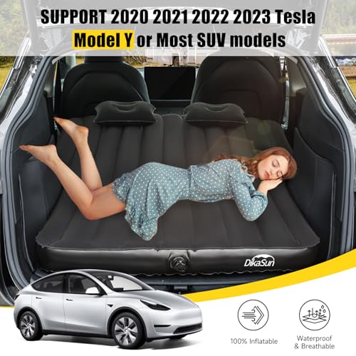 DikaSun Tesla Model Y Mattress: Inflatable Camping Bed Air Mattress for Model Y, Thickened Travel SUV Sleeping Pad with Car Air Pump 2 Pillows