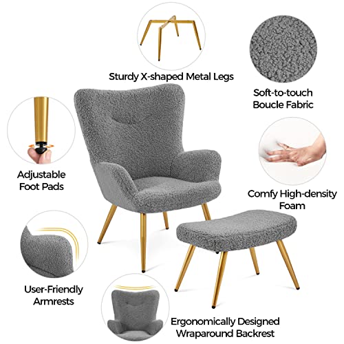 Yaheetech Accent Chair and Ottoman Set, Sherpa Armchair with Golden Metal Legs and High Back, Footstool for Living Room, Lounge, Gray