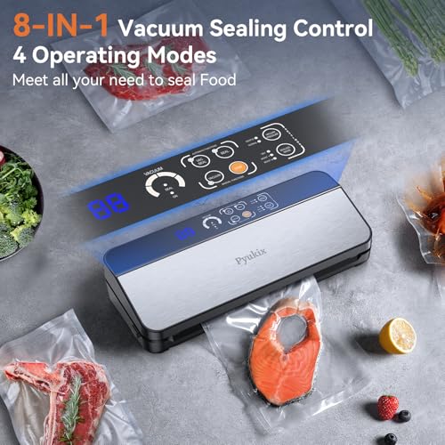 Pyukix Vacuum Sealer Machine, Food Sealer Machine 80KPA Fully Automatic 8-IN-1 Food Saver for Dry/Moist Mode with Build-in Cutter&Storage, Air Suction Hose, Digital Countdown, Bag Roll, 11 Vacuum Bags