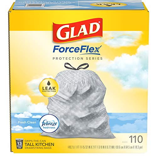 Glad Trash Bags, ForceFlex Tall Kitchen Drawstring Garbage Bags, 13 Gal, Fresh Clean Scent with Febreze, 110 Ct