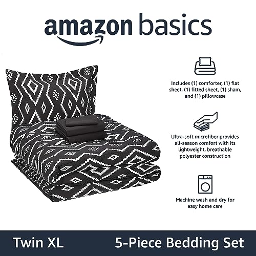 Amazon Basics Lightweight Microfiber Bed-in-a-Bag Comforter 5-Piece Bedding Set, Twin/Twin XL, Coral Medallion, Printed