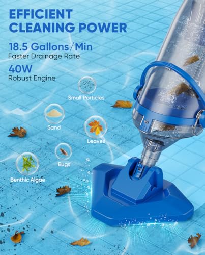 Teguy Cordless Pool Vacuum with Telescopic Pole, 18.5 GPM Powerful Suction, 1.5H Supercharge Technology, Handheld Rechargeable Pool Vacuum Cleaner for Above Ground/Inground Pools, Hot Tubs, Spas