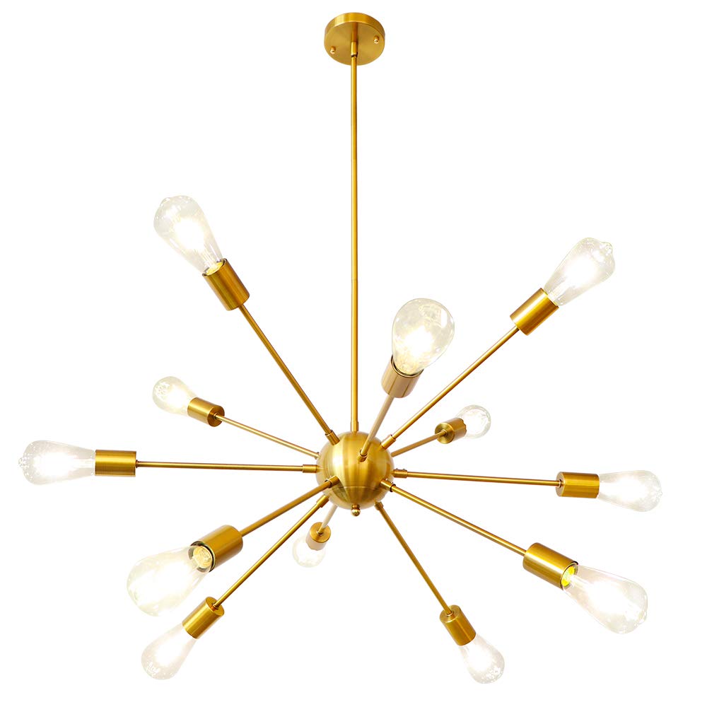 LynPon Gold Sputnik Chandeliers, 12 Lights Plating Golden Chandelier Light Fixture for Dining Room, Modern Adjustable Height Living Room Ceiling Light Fixture for Entryway Foyer Kitchen Bedroom