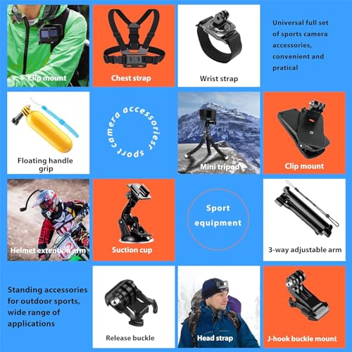 HONGDAK Action Camera Accessories Kit for GoPro Hero 12 11 10 9 Black, Waterproof Housing+Silicone Case+3Way Adjustable Arm+Head Chest Wrist Strap+Bike Mount+Suction Cup+Floating Grip Bundle Set 63in1