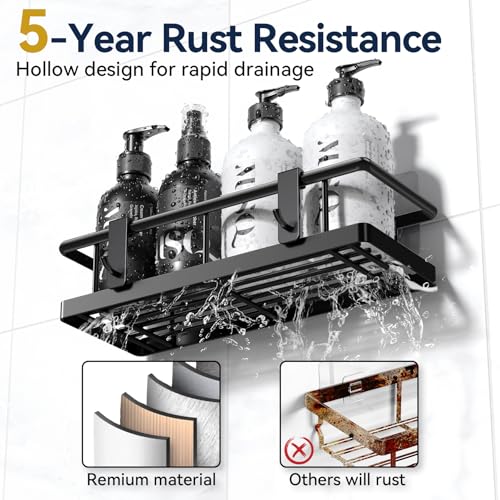 YASONIC Shower Caddy Adhesive, No Drill Bathroom Shower Organizers, with Removable Hooks, Rust Proof Shower Shelves, Wall-Mounted Shower Holder, Black, 2 Pack