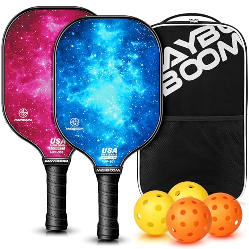 Pickleball Paddles Set of 2, USAPA Approved Pickleball Set with 4 Pickleball Balls and Pickleball Bag, Fiberglass Pickle Ball Rackets 2 Pack for Beginner(Blue&Red)