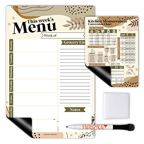 Hadley Designs Boho Magnetic Weekly Meal Planner Dry Erase Board for Refrigerator - Weekly Dinner Menu Board for Kitchen Conversion Chart Magnet, Grocery List Magnet