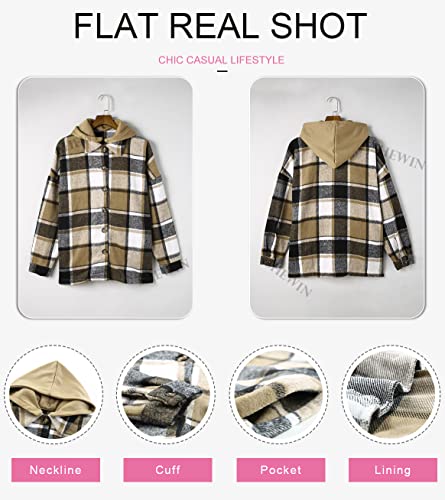 SHEWIN Womens Casual Plaid Hooded Flannel Shirts Long Sleeve Button Down Shacket Jacket Hoodie Soft Winter Coat Fall Outfits Women Trendy,US 8-10(M),Deep Pink