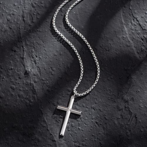 FANCIME White Gold Plated 925 Sterling Silver Edgy Gothic Cross Pendant Necklace With Steel Box Long Chain Christmas Gifts for Him Men, Women 23.6-INCH