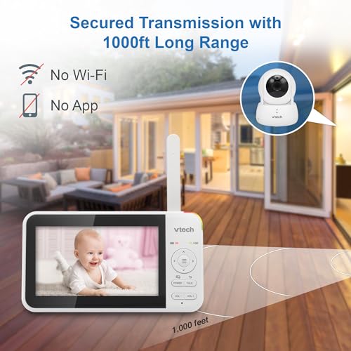 VTech VM924 5" Screen Remote Pan-Tilt-Zoom Baby Monitor with Camera&Audio,Up to 31Hrs Battery for Audio&17Hrs Video Streaming, Long Range Up to 1000ft,Night Vision,Soothing Sound,Temperature Sensor