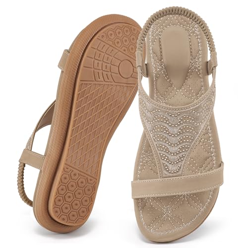HARENCE Flat Sandals for Women Dressy: Casual Summer Womens Sandal Comfort Elastic Ankle Strap Slip on Flats Shoes