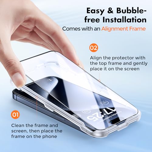 UNBREAKcable 3-Pack Screen Protector for iPhone 15 Pro, Double Shatterproof Tempered Glass [Easy Installation Frame] [HD Clear] [9H Hardness] [Full Coverage] for iPhone 6.1 inch