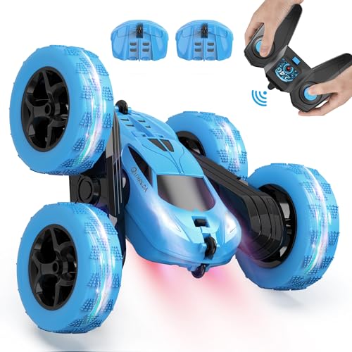 QUNREDA Remote Control Car, RC Cars Toys for Kids Ages 6-12, 4WD Stunt Car with LED Lights & 360° Flips, 2.4GHz, Upgraded USB-C Modular Batteries, for 8-10 Year Old Boys 1-Blue