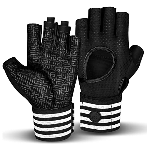 MOREOK Weight Lifting Gym Workout Gloves with Wrist Wrap for Men/Women-[3/4 Finger] [Curved Open Back] Fitness Gloves for Weightlifting,Exercise,Training,Pull ups,Fitness,Rowing B-S