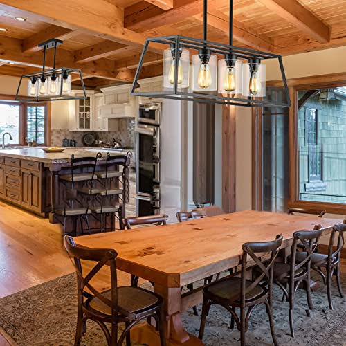 Black Farmhouse Chandeliers for Dining Room, Rustic Kitchen Island Light Fixture, 4-Light Linear Pendant Lights Kitchen Island with Glass Shade ，Apply to Dining Room Light fixtures Over Table