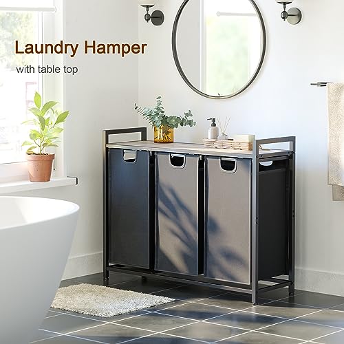 AMHANCIBLE Laundry Hamper with 3 Section, Laundry Basket with 3 Pull-Out and Removable Bags, Laundry Sorter with Shelf, Dirty Clothes Hamper for Laundry Room, Bathroom, 3 x 10 Gallons (38L) HLS03GY