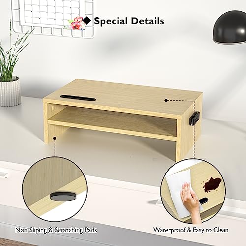 BONTEC Monitor Stand Riser, 2 Tiers Wood Monitor Riser Stand with Storage Organizer, Desktop Ergonomic Monitor Stand Riser with Cellphone Holder and Cable Management, 16.5 Inch Shelf, Maple