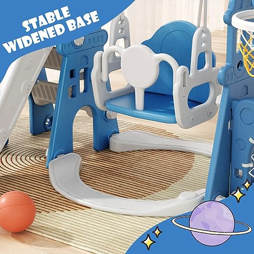 XJD 6-in-1 Toddler Slide and Swing Set, Kids Slide for Toddlers Age 1+, Toddler Outdoor Playset with Basketball Hoop, Football Frame, Swing, Outdoor Indoor Playground for Toddlers 1-3 (Blue)