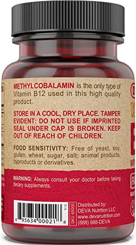 DEVA Vegan Vitamin B12 Fast Dissolve Supplement - Once-Per-Day Complex with 1000 Mcg Methylcobalamin B12, Folic Acid, B6 - Lemon Flavor - 90 Dissolvable Tablets,