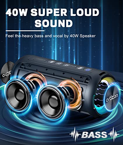 Ortizan Bluetooth Speakers, 40W Loud Portable Wireless Speaker, IPX7 Waterproof Shower Speakers with Bluetooth 5.3, Deep Bass, LED Lights, Stereo Pairing for Home/Party/Outdoor/Beach, Gift Ideas