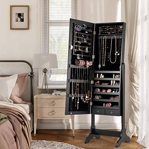 WATERJOY Jewelry Organizer with Full Body Standing Mirror Jewelry Holder Storage 4 Angle Adjustable Lockable Jewelry Cabinet Jewelry Armoire