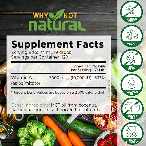 Why Not Natural Vitamin A drops 10000 IU - liquid retinyl palmitate with coconut MCT oil, vegan micellized vit A supplement for skin, acne - 1 oz sublingual tincture