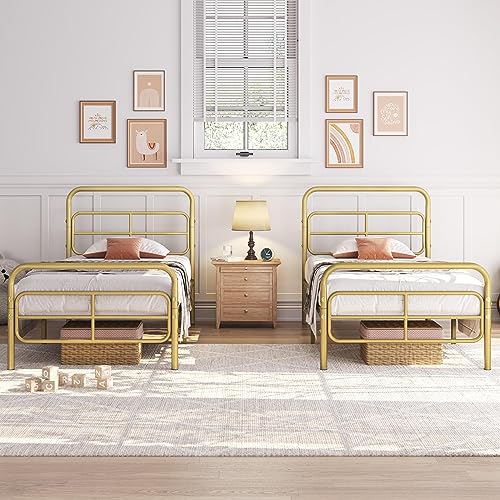 Yaheetech Twin Bed Frame Metal Platform Bed with Geometric Patterned Headboard, Mattress Foundation with Under Bed Storage/Sturdy Slat Support, No Box Spring Needed, Antique Gold